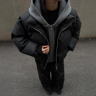 假两件PU皮棉服男款冬季cleanfit感短款夹克棉衣加厚外套男女棉袄