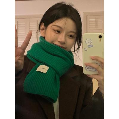 韩系百搭毛线围巾女冬季2025新款小巧学生加厚绿色保暖针织小围脖