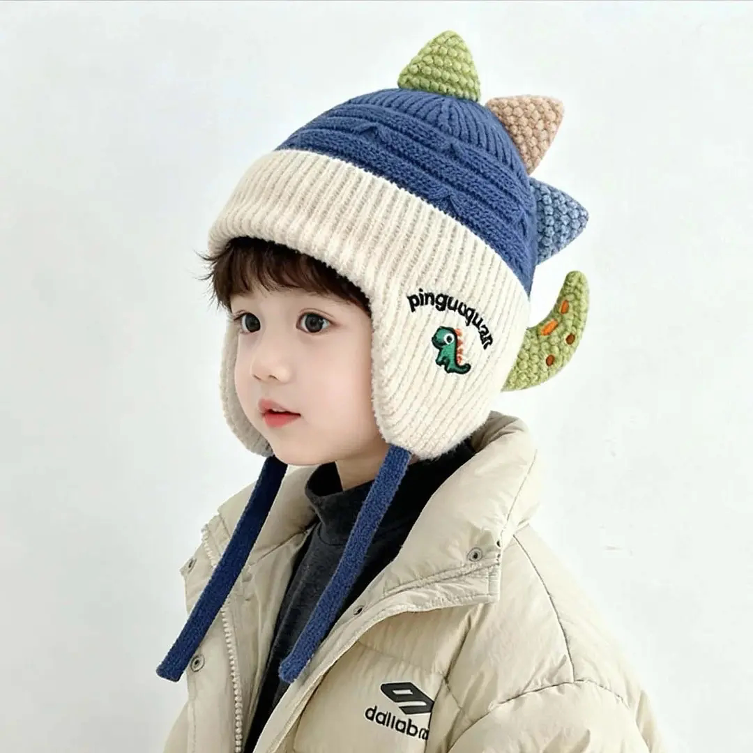 秋冬儿童恐龙护耳防风针织毛线帽
