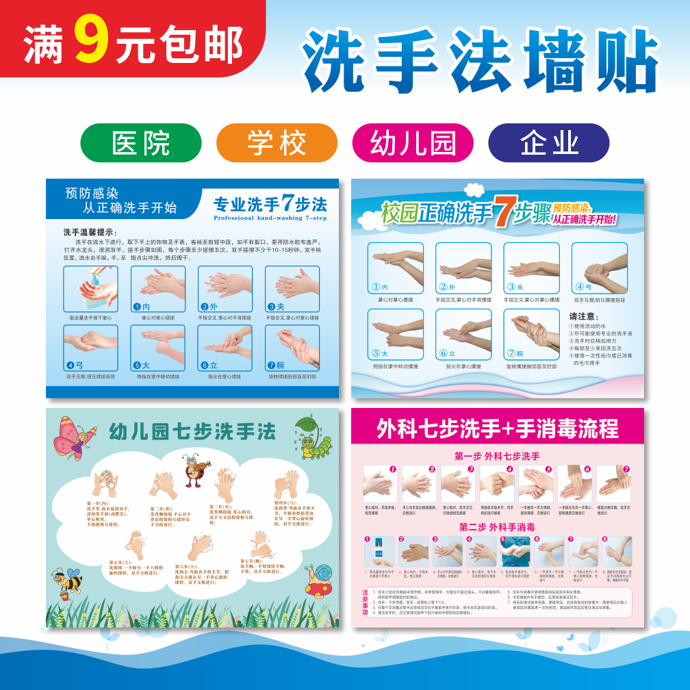 医院标准七步洗手法步骤图大全海报墙贴纸幼儿园七步洗手温馨提示