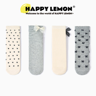 灰色中筒袜日系甜美堆堆袜芭蕾风袜子 HAPPYLEMON蝴蝶结袜子女夏季