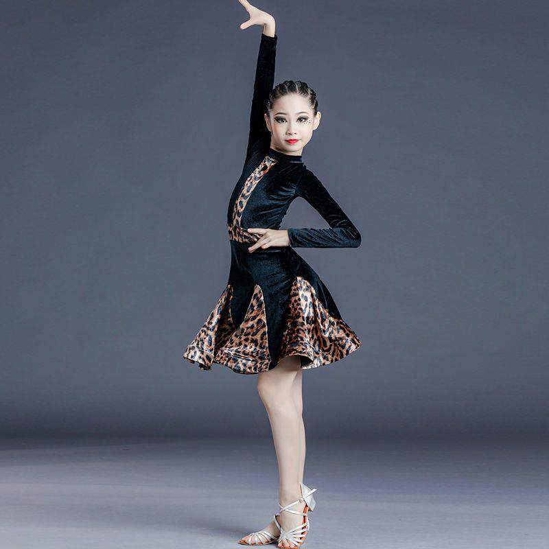 拉丁舞服冬装女童新款儿童拉丁舞裙秋冬女童豹纹练功服长袖少儿舞