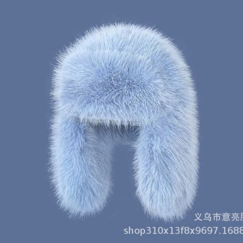 韩版蓝色仿貂绒毛绒雷锋帽子女秋冬季骑车加厚保暖滑雪防寒护耳帽