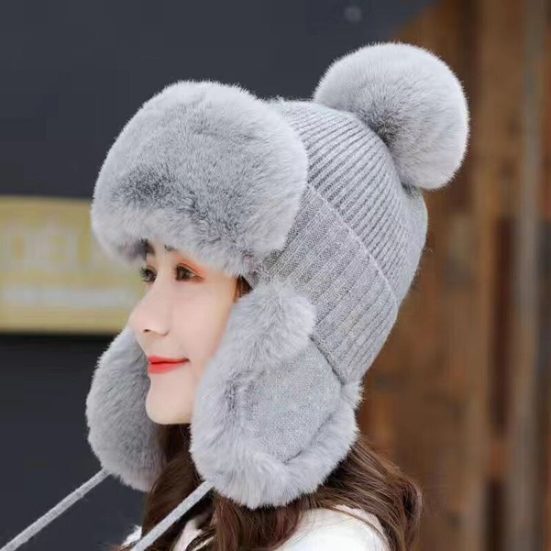 冬季加厚女士雷锋帽防寒毛绒毛球针织帽毛线针织护耳帽保暖滑雪帽