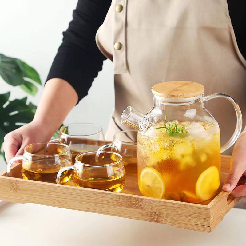 简约高硼硅玻璃茶壶竹盖凉水壶大容量泡茶壶家用冷水壶套装花茶壶