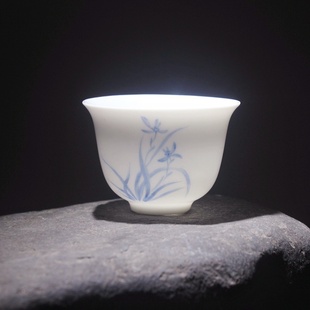玉瓷兰花茶杯陶瓷手绘品茗杯个人专用主人杯家用高档功夫茶杯茶具