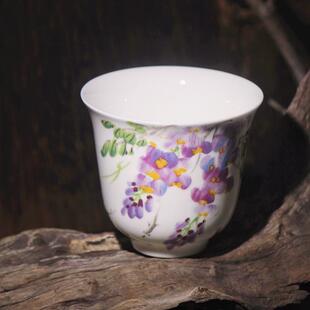 景德镇纯手工陶瓷紫滕花茶杯品茗杯主人杯单杯手绘粉彩功夫茶具盏