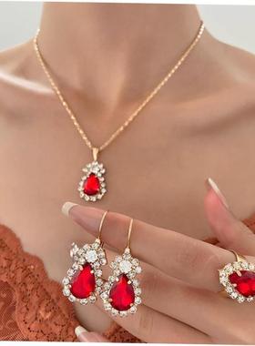 women necklace earrings jewelry set rhinestone ring bridal