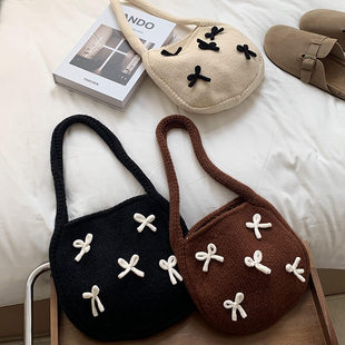 冬天氛围感包包小方包女士手提包秋冬新款韩系红色蝴蝶结针织毛线