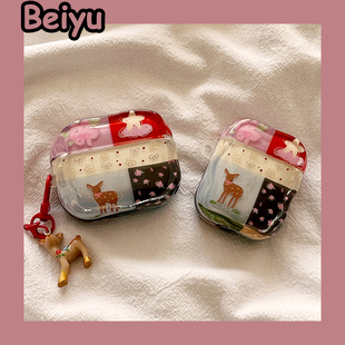 韩风ins高级感拼接碎花小鹿适用airpodspro3苹果无线蓝牙耳机壳airpods4新款airpods1/2代耳机套pro保护套女