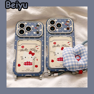 可爱Kitty猫皮质镜子卡包适用苹果17Promax手机壳iphone16pro新款15pro小众16pm带挂绳14pro硅胶17pro全包女