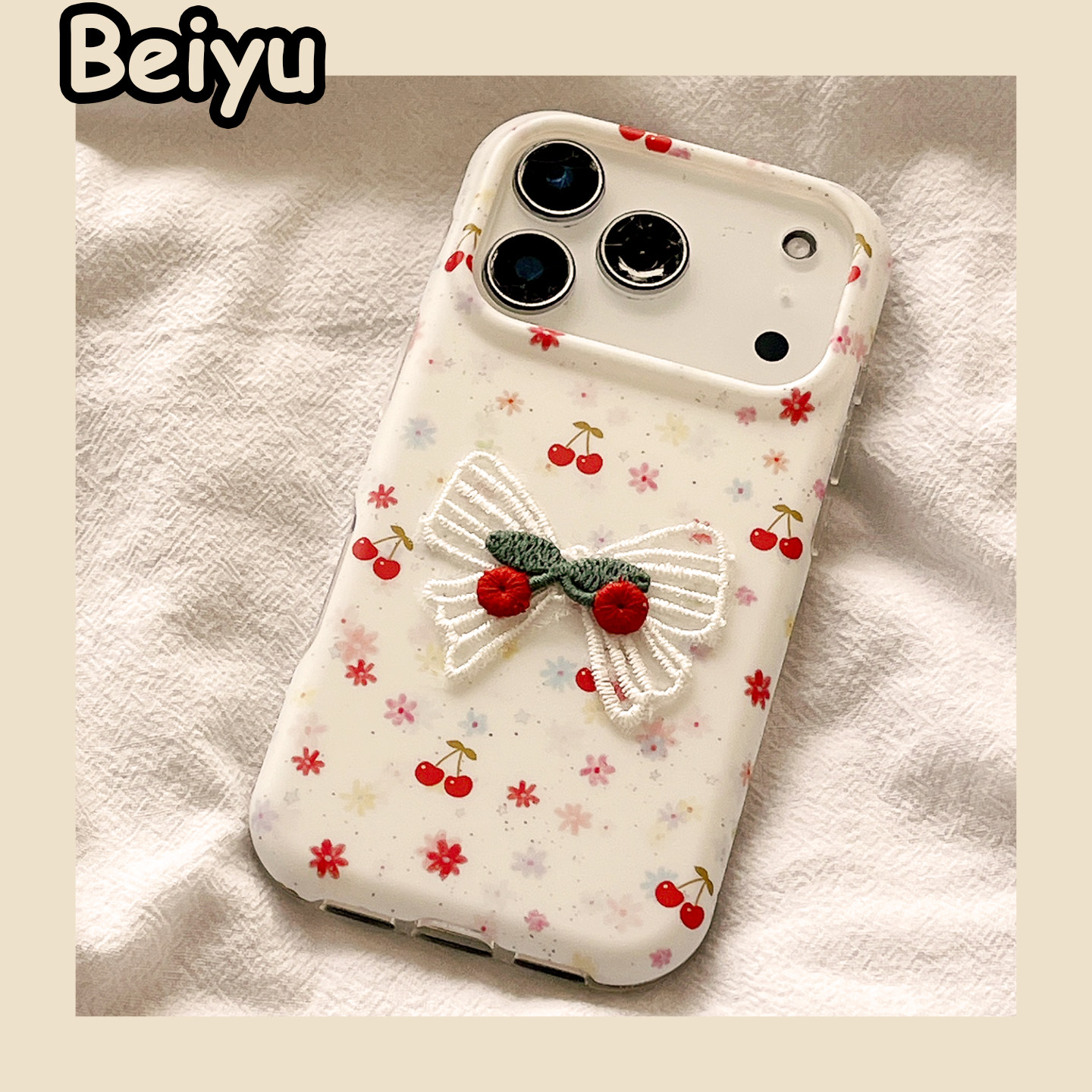 ins韩系花朵立体蝴蝶结樱桃适用苹果17Promax手机壳iphone16pro新款15小众16pm少女心15pm硅胶17pro磨砂全包