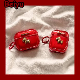 新年红色喜庆立体小金马适用airpodspro3苹果无线蓝牙耳机壳airpods4新款airpods1/2代耳机套pro保护套马年女