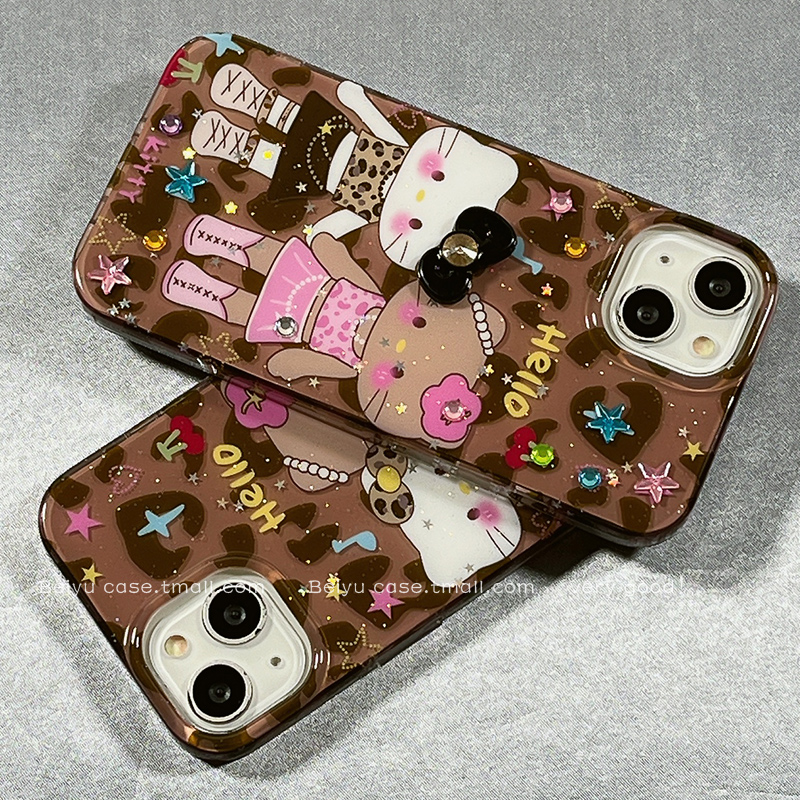 可爱豹纹黑皮长腿HelloKitty适用苹果16Promax手机壳iphone15pro新款14小众14pro硅胶13卡通16pro创意15全包