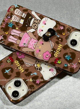 可爱豹纹黑皮长腿HelloKitty适用苹果16Promax手机壳iphone15pro新款14小众14pro硅胶13卡通16pro创意15全包
