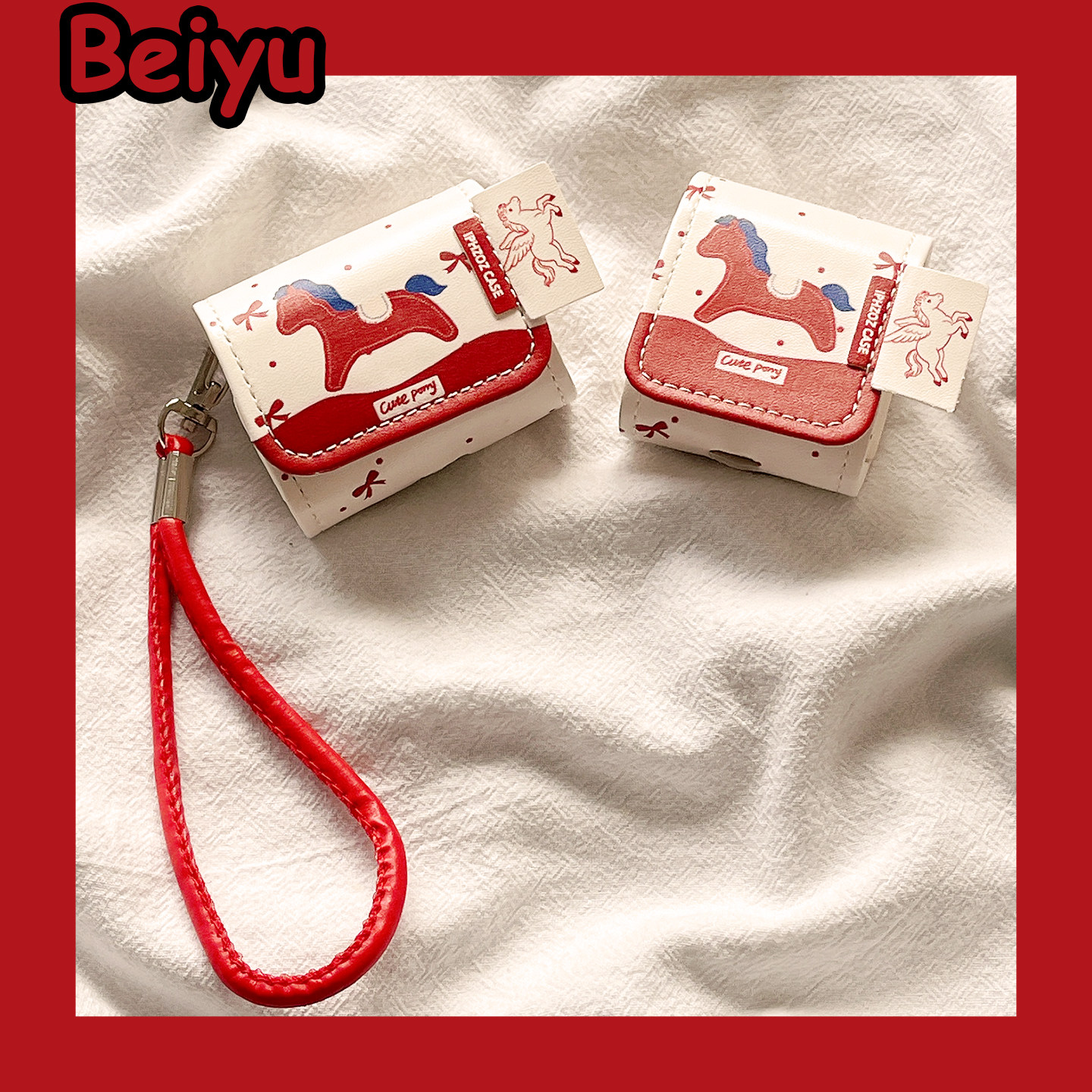 新年红色小马翻盖皮质带挂绳适用airpodspro3苹果无线蓝牙耳机壳airpods4新款airpods1/2代耳机套pro保护套女