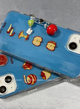 复古蓝色简约涂鸦红苹果适用苹果16Promax手机壳带挂件iphone15pro新款14小众14pro硅胶13防摔16pro创意全包