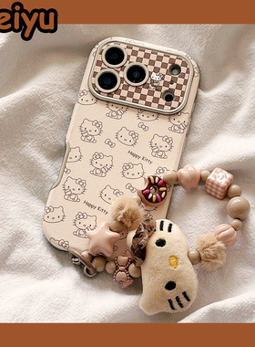 可爱卡通格纹HelloKitty适用苹果17Promax手机壳iphone16pro新款15pro小众16pm带挂绳14pro硅胶17pro皮质全包
