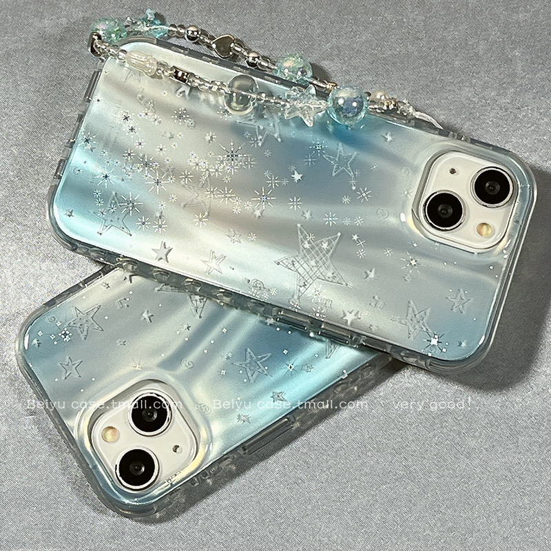 ins韩系蓝色晕染星星适用于苹果16Promax手机壳iphone15pro新款14小众高级感14pro硅胶13带挂链16pro创意全包
