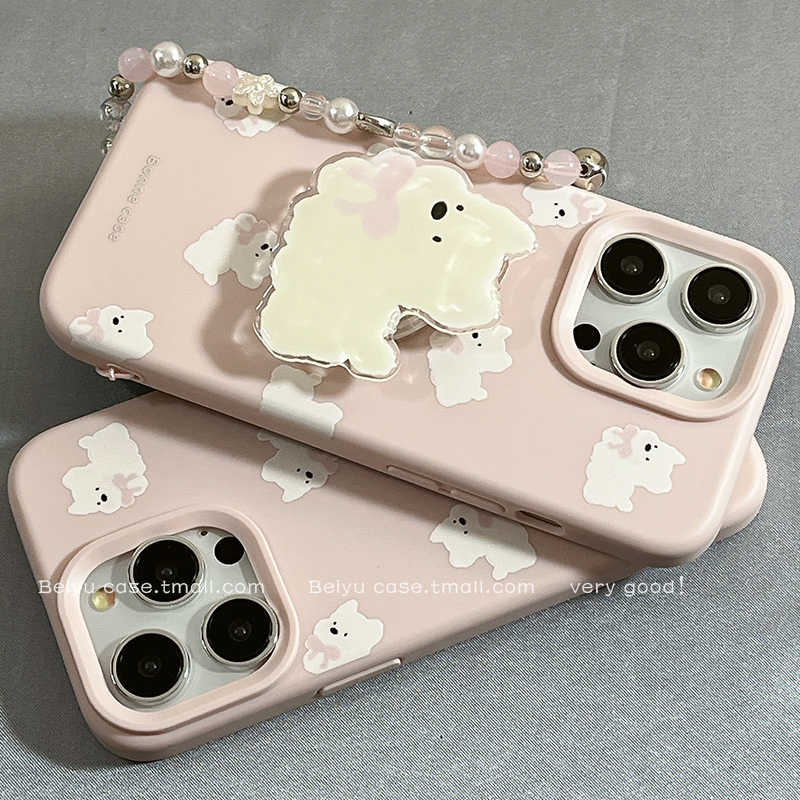 可爱卡通粉色蝴蝶结小狗适用苹果16手机壳带支架链条iphone15promax新款14小众女14Promax硅胶13创意12防摔套