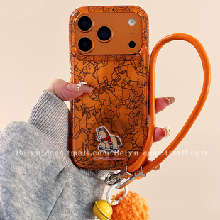 可爱卡通橙色线条小马适用苹果17Promax手机壳iphone16pro新款15pro小众14带挂绳16创意15硅胶17pro全包女款