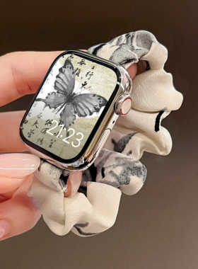 水墨国风竹子适用于iwatch9手表表带新款苹果applewatch8/7/6/5代SE弹力雪纺se2女款气质ultra高级41/45mm
