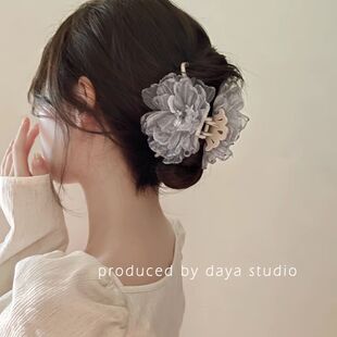 烟雾感 超仙法式复古灼边网纱花朵珍珠抓夹顶夹 高级感设计鲨鱼夹