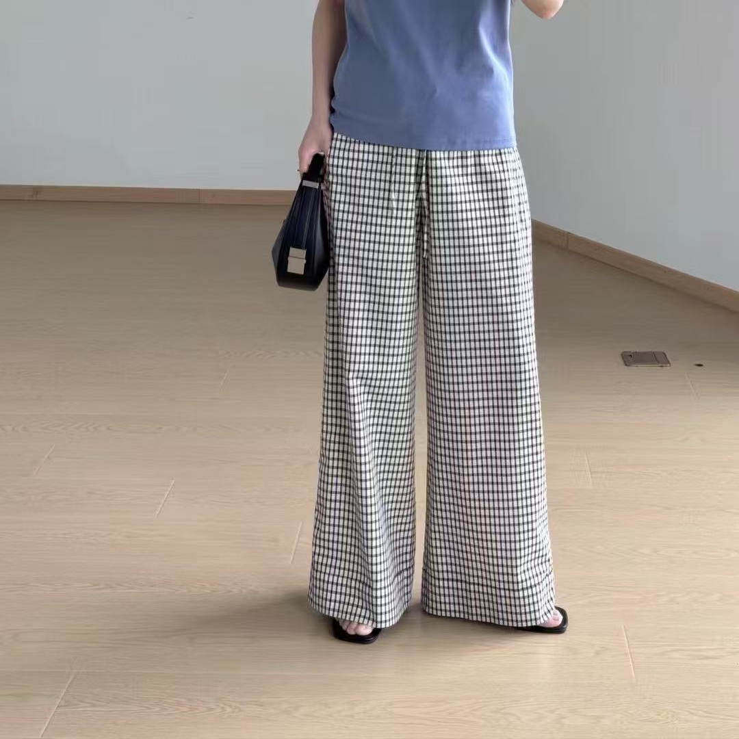 2025夏季新款慵懒风抽绳格纹休闲裤女装宽松显瘦垂感阔腿裤拖地裤