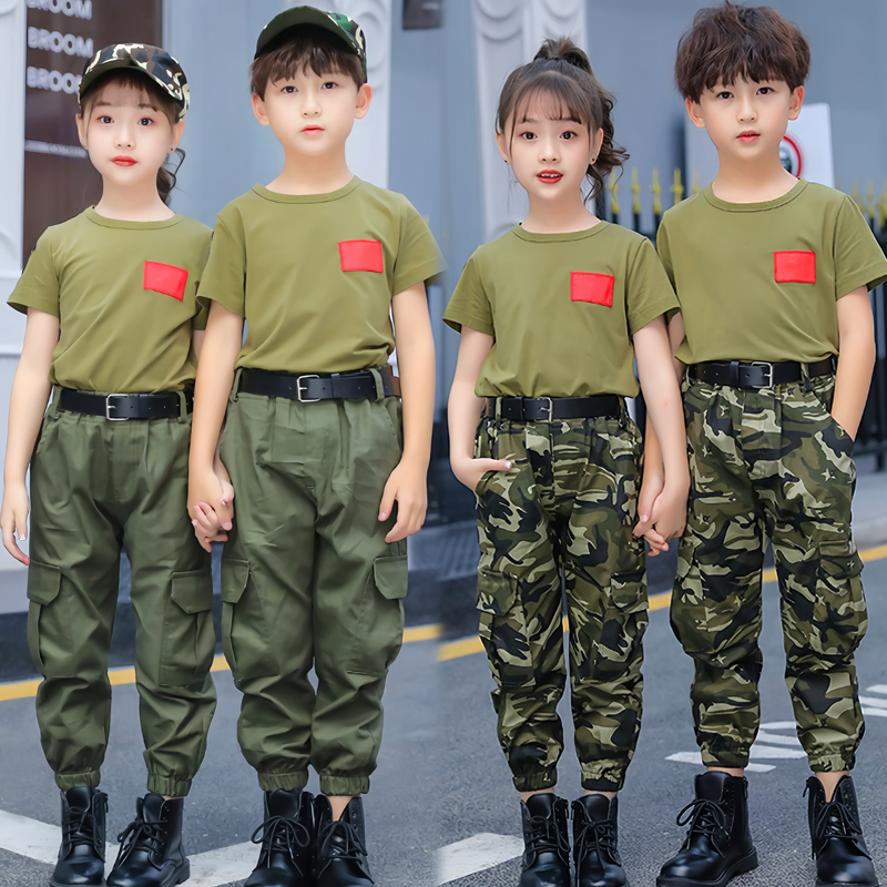 纯棉儿童迷彩服套装男童短袖小学生运动会军训服幼儿园夏令营服装