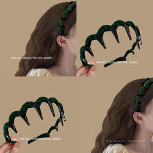 迷漫雾绿~丝绒波浪头箍女秋冬高颅顶压发发卡带齿缠绕发箍盘发器