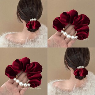 公主风!丝绒珍珠大肠发圈!丸子头发绳百搭头绳盘发器新年红发饰