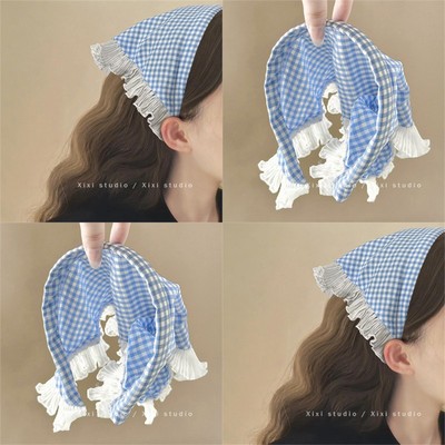 田园少女！包头格子三角巾！发箍