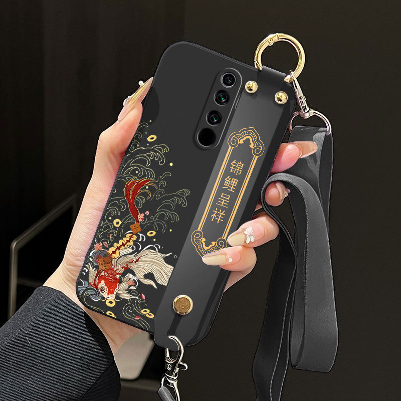 适用红米Note8pro手机壳note8液态腕带支架软壳M1906G7E中国风吉祥锦鲤好运全包直边斜跨背带保护套防摔磨砂