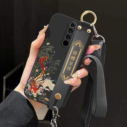适用红米Note8pro手机壳note8液态腕带支架软壳M1906G7E中国风吉祥锦鲤好运全包直边斜跨背带保护套防摔磨砂