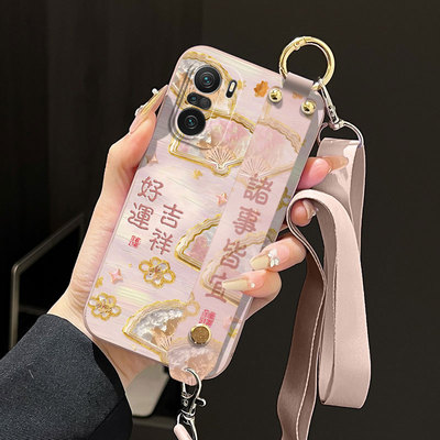 适用红米K40pro手机壳k40液态腕带支架k40s简约M2012K11C高级感创意个性全包背带软壳保护套防摔直边磨砂全包