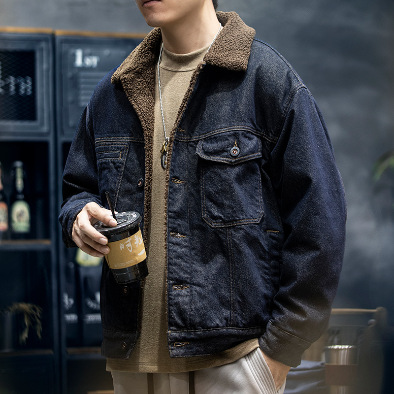 宇透羊羔绒牛仔外套男冬季2025新款美式棉服男士工装夹克加厚棉衣