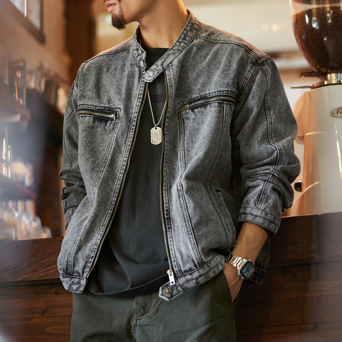 美式复古机车立领水洗牛仔夹克