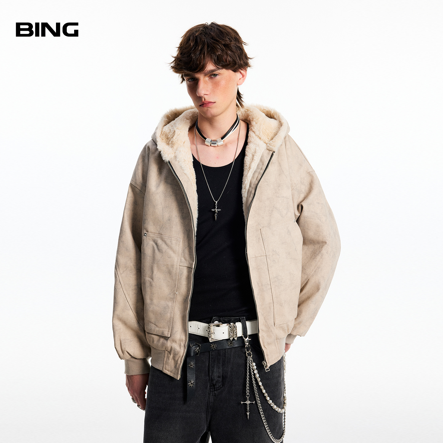 美式重磅大理石纹座山雕棉衣男