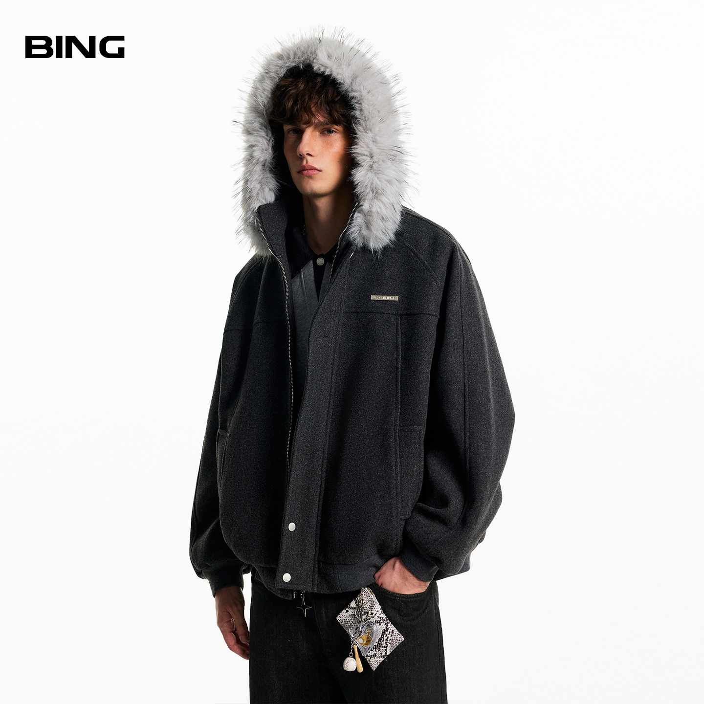 BING美式毛领拼接座山雕棉服男冬季cleanfit简约加厚保暖棉衣外套