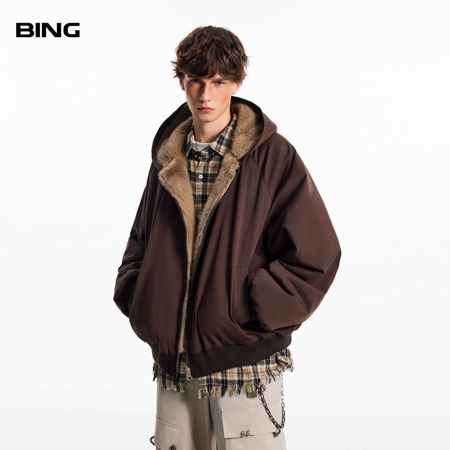 仿兔毛双面穿加绒座山雕棉服男