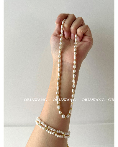 ORIAWANG S925纯银 小众优雅精致间金珠子天然淡水珍珠项链女