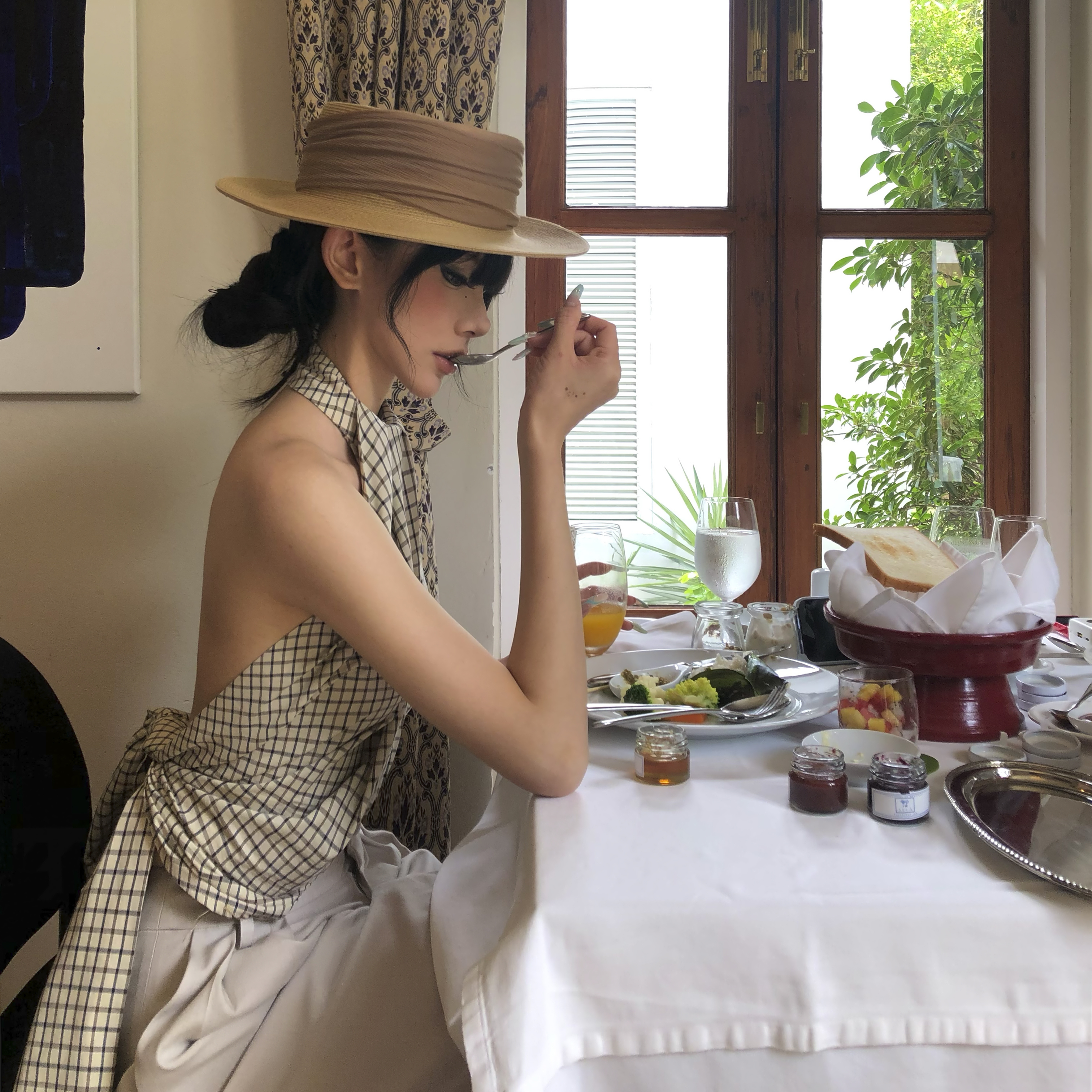 Se flatter温莎午后格纹挂脖露背绑带背心无袖上衣棉麻静奢老钱风