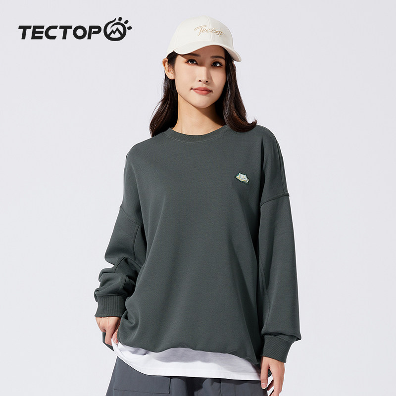 探拓户外运动卫衣女士新款外套跑步长袖春季套头圆领宽松上衣刺绣