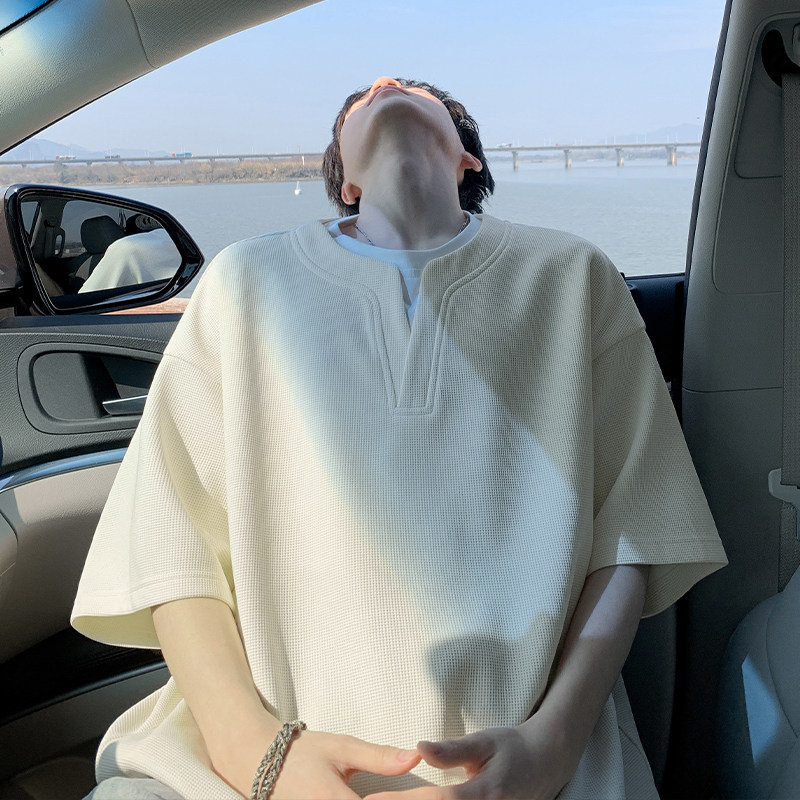 特批新款上市无差价夏季华夫格V领假两件短袖T恤男大码打底上衣