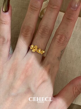 拉丝金桂花粉钻底托戒指女千金感