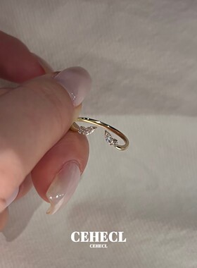 双头小翅膀戒指锆石羽翼开口指环