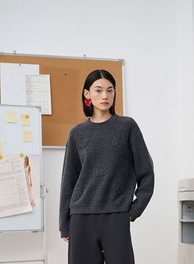 MIIWII末未25冬灰色圆领拉绒针织呢上衣通勤羊毛卫衣女S254109