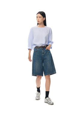 MIIWII末未25秋蓝白细条简约宽松上衣百搭慵懒宽松短袖女S253114