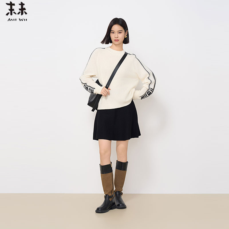 MIIWII末未24冬白色棉羊毛简约圆领撞色边针织套头衫女X244418