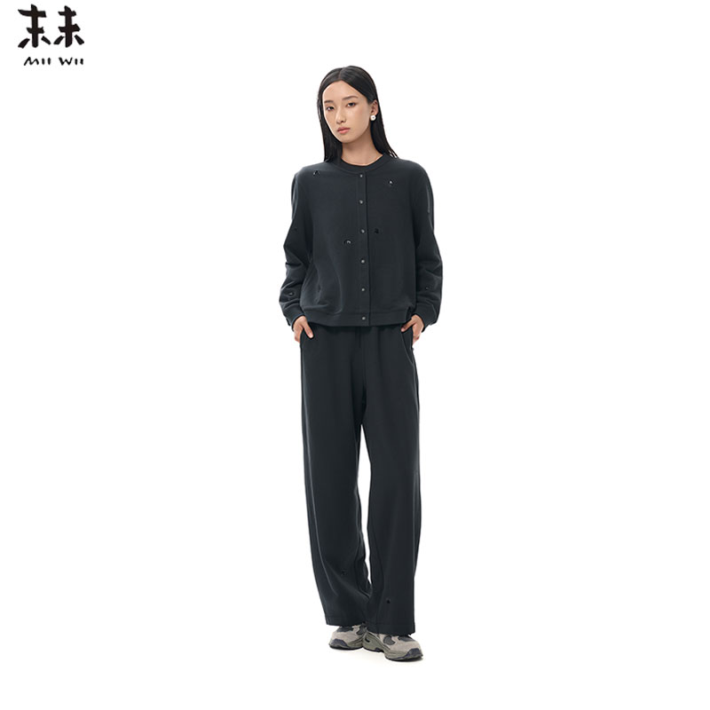 MIIWII末未25秋深灰色针织亮片短外套圆领休闲正肩外套女W253209